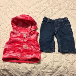 Carhartt Pink Camo Hooded Vest and Blue Jeans Set, 6 months